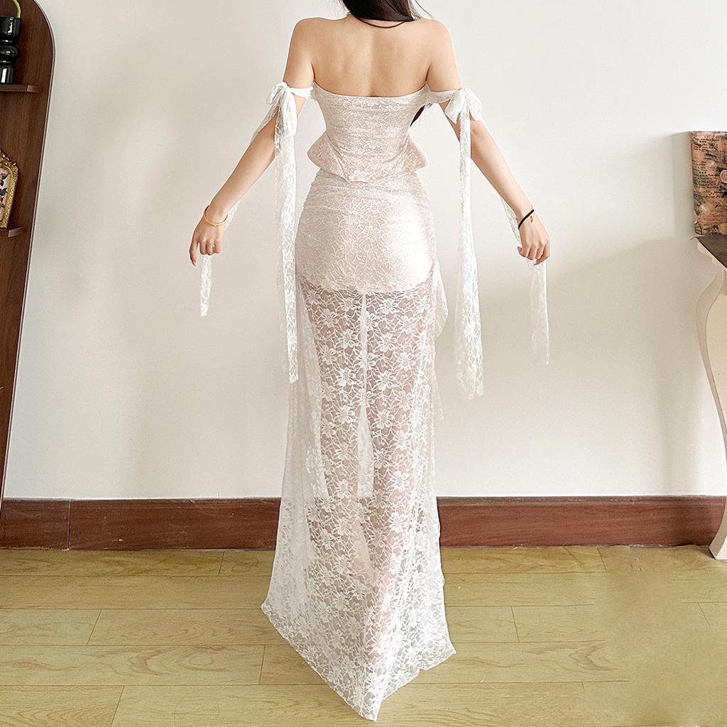 Vintage Lace Strapless Pearl Bustier Top & Asymmetrical Ruffle High Waist Skirt Set, Elegant Sexy Two-Piece Outfit for Women