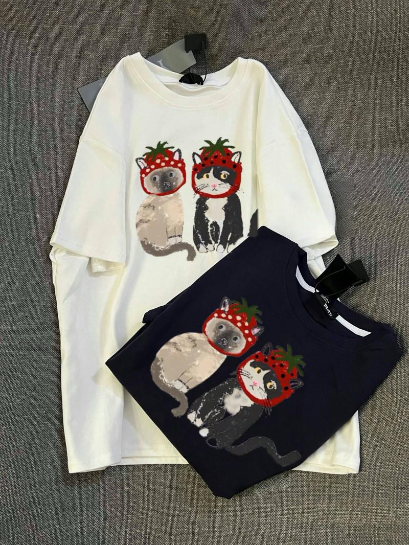 

Летняя футболка 2025 года с уникальным дизайном «Клубничная кошка» - Унисекс, с коротким рукавом, уличный стиль M High Quality белый