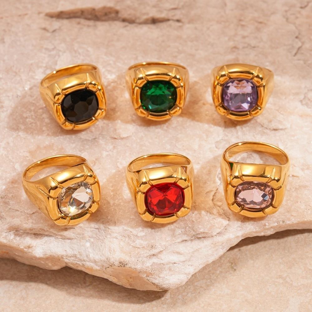 Stainless Steel Square Crystal Ring Zircon Exaggerated Ring  Gift for Girlfriend