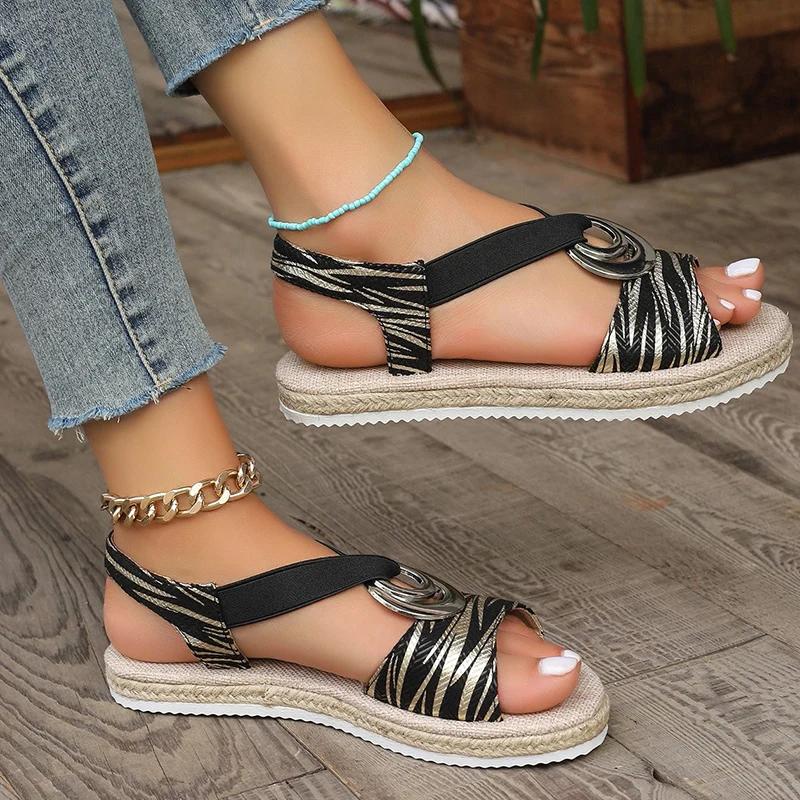 Fashion Fashion Metal Decor Stripe Sandals Women Summer Beach Flat Med Heel Sandals Woman Plus Size Non Slip Platform Sandalias Mujer
