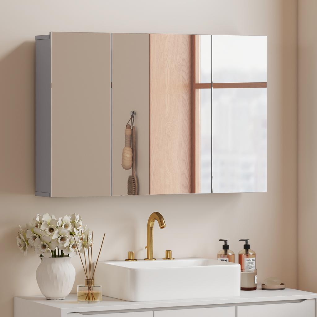 Wall-Mounted Bathroom Mirror Cabinet, Medicine Cabinet with 3 Doors, Adjustable Shelves, Grey