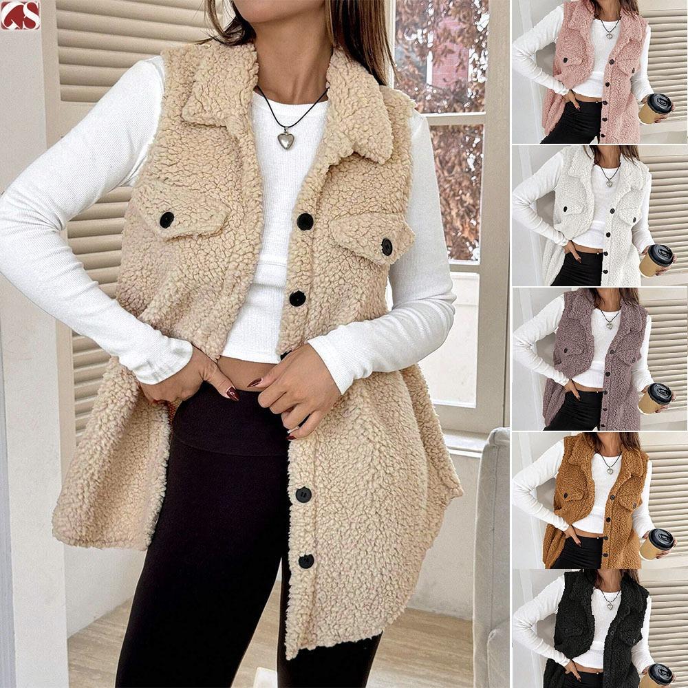 Women's Lapel Sleeveless Vest Oversized Fit Solid Color Single Button Pocket Winter Fleece Gilet