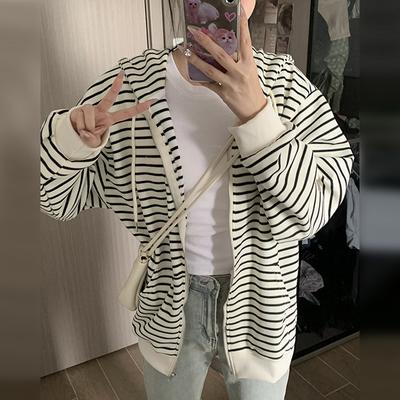Hooded Sweater Women's Autumn Trend Loose Striped Zipper Casual Sweater Jacket Cardigan Top