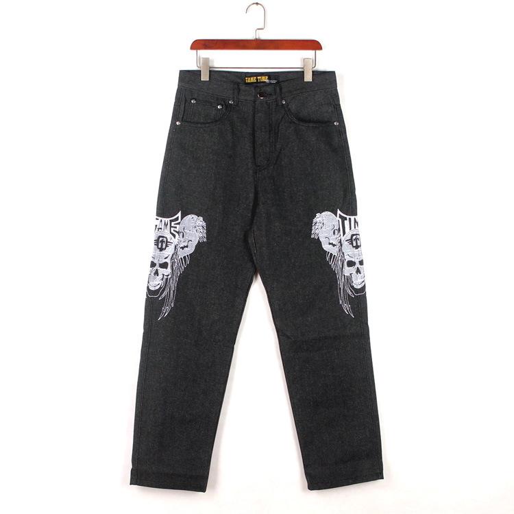 Men's Hip-Hop Street Dance Jeans: Trendy, Embroidered Skull, Straight, Loose, Casual Skateboard Pants, Plus Size Available.