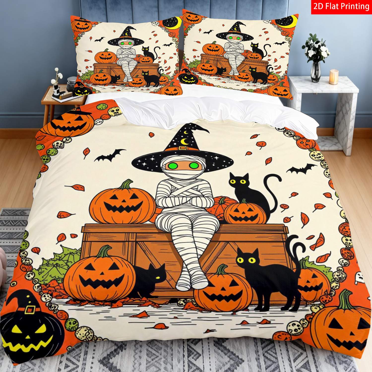 Ensemble de housse de couette Halloween 3 pièces Motif Citrouille Sorcière Chat Chauve-souris Lune Ensemble de literie Orange Noir Lavable en machine Couette 135Cmx200Cm