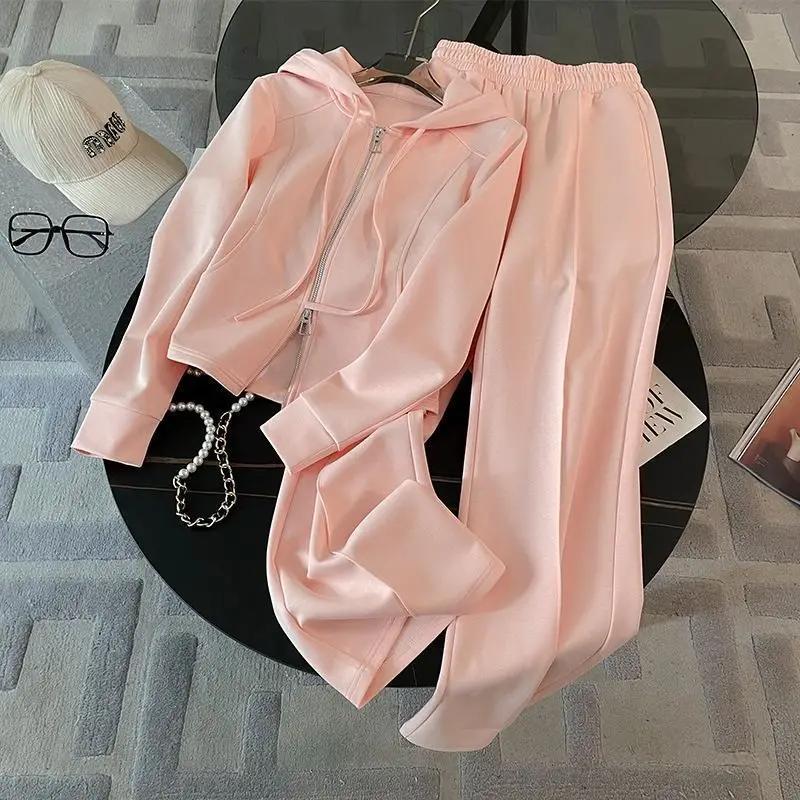 Modny Elegancki Damski Wiosenny Jesienny Kardigan z Kapturem Otwarty Top Spodnie z Szerokimi Nogawkami Luźny Wszechstronny Zestaw Dwuczęściowy Trendy