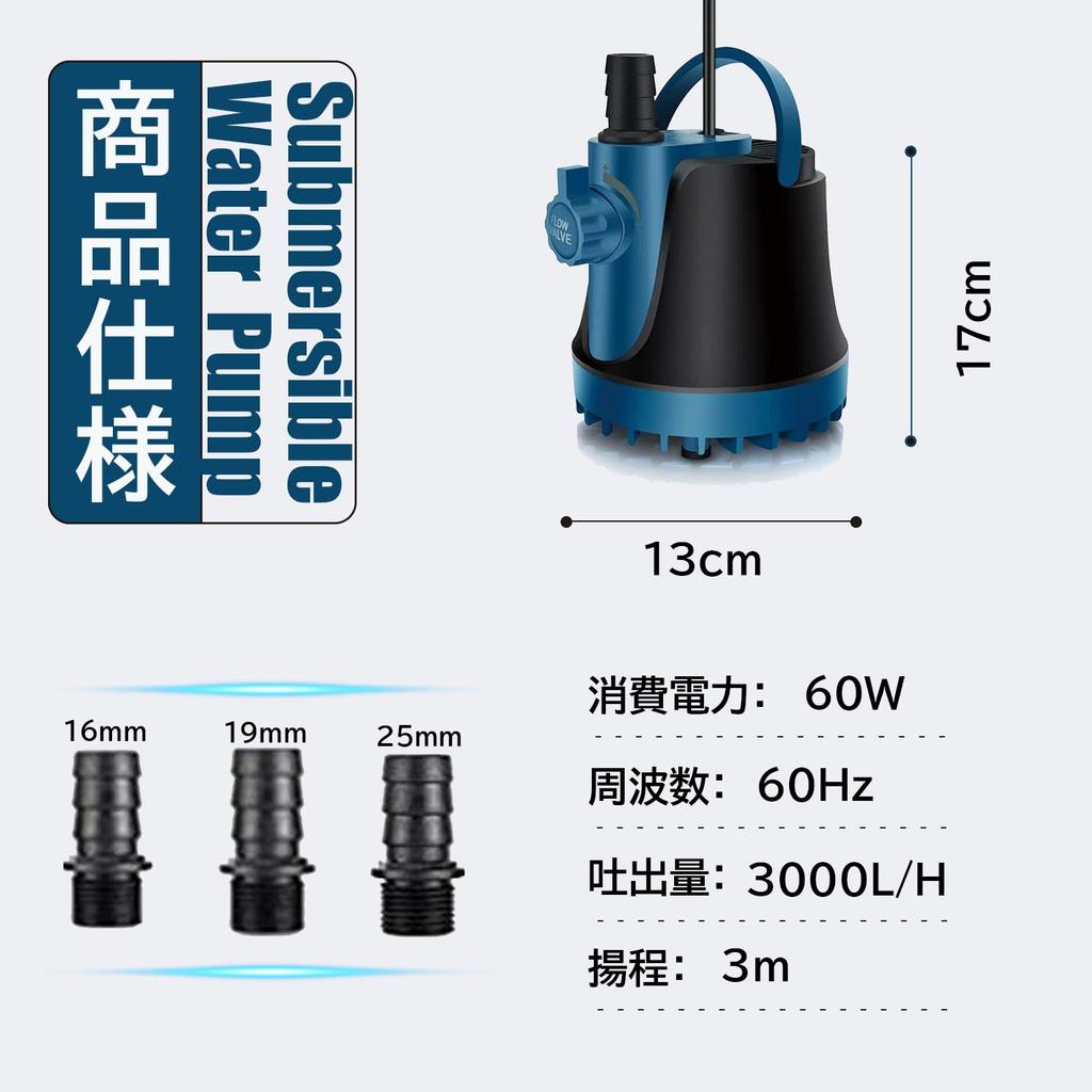 THYESCOM Submersible Pump, Low Water Level Compatible, Circulation Pump, 3000L/H Discharge, Maximum Head of 3M, Adjustable Discharge, Mini Pump, Quiet