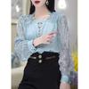 French Round Neck Long-sleeved Casual Shirt, Fashionable and Elegant Sequin Stitching Hollow Out Elegant All-match Shirt