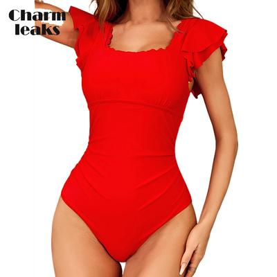 Sexy V-Ausschnitt, quadratischer Kragen, einteilige Badebekleidung für Damen, doppelte Volants, doppelte Träger, Badeanzug, Monkini