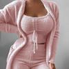 2025 Cross-Border Women's Plush Tie-Up Pajama Three-Piece Set Casual Homewear