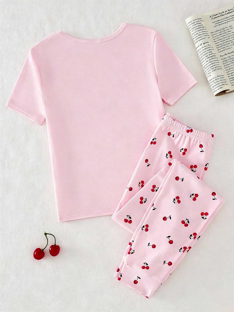 Girls Pajama Set, Breathable Cherry Print Sleepwear, Cute Cozy Loungewear for 8-12 Years