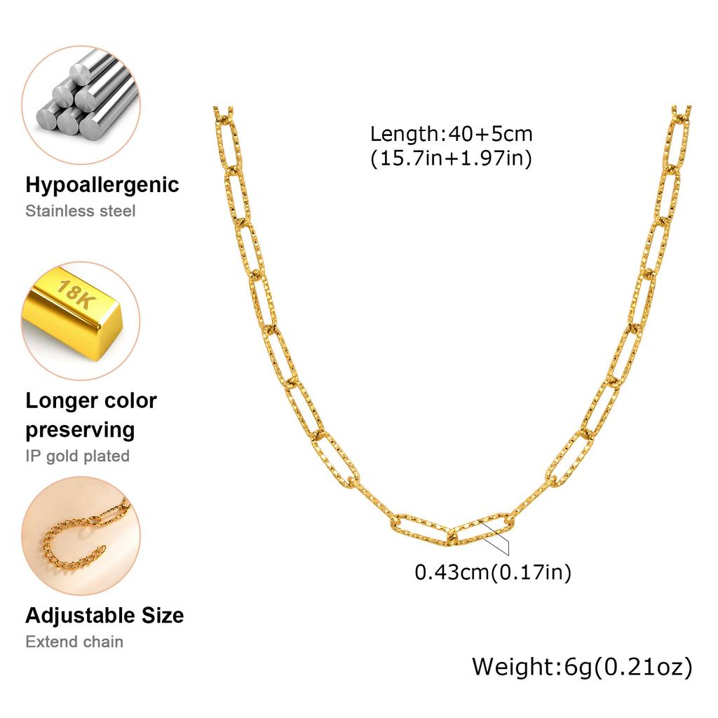 Gold Plated Stainless Steel Paperclip Chain Necklace For Women, Adjustable Rectangle Link Layering Choker Waterproof Jewelry