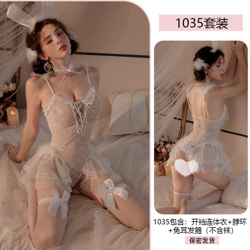 Yiyue sexy lingerie sexy bunny lace seduction onesie open gear uniform no-take pajamas set 1011