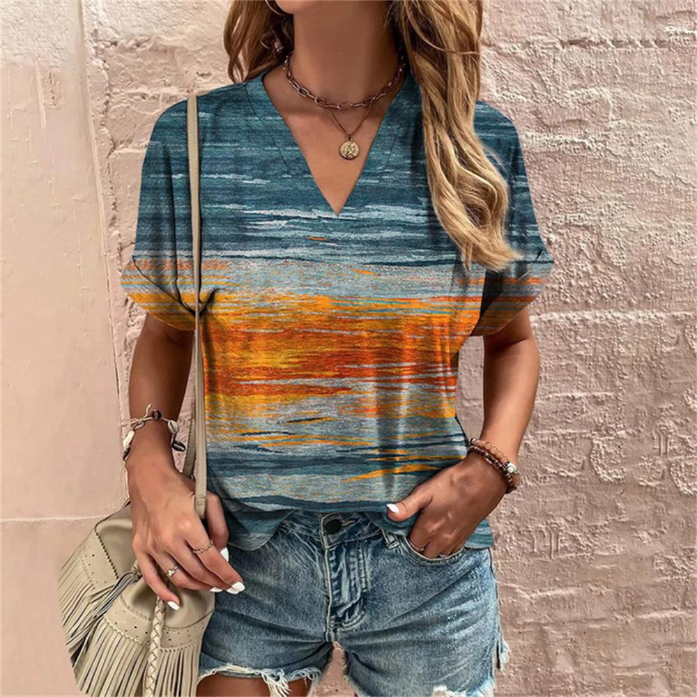 Retro Summer 3d TShirt Harajuku Casual Short Sleeve Women's T-Shirts Fashion Characters Top Tee V-Neck Oversized Female Clothing