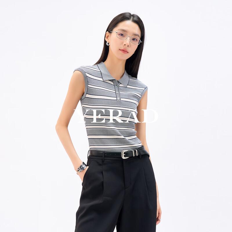 Top de Punto Rayado Elegante Sencillo con Cuello Polo para Mujer YERAD