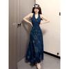 New Retro French Vacation Style Blue V-neck Neck Vest Dress Children's Summer Waist Dress