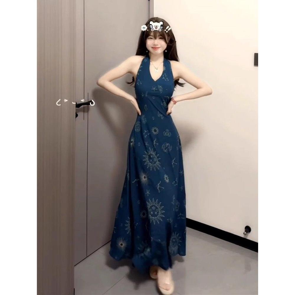 New Retro French Vacation Style Blue V-neck Neck Vest Dress Children's Summer Waist Dress