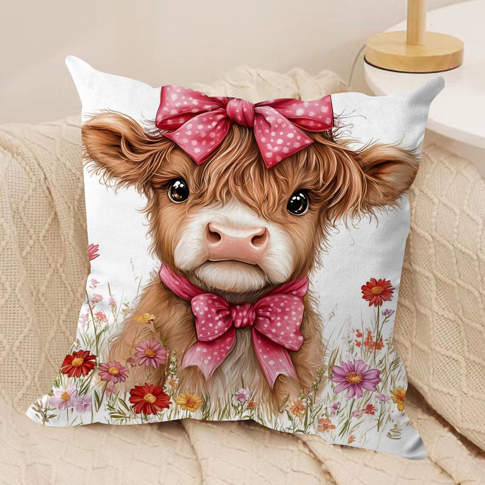 Capa de Almofada Vaca das Terras Altas e Flor Tecido de Pelúcia Macio Capas de Almofada Impressas em Ambos os Lados para Todas as Estações Decoração de Casa