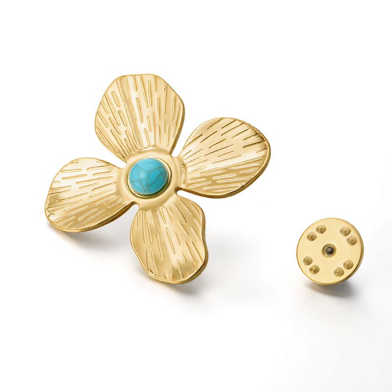 Womens Jewelry Four Petal Flower Brooch French Style Stainless Steel Gold Color Trendy Pin for Wedding Office Gift