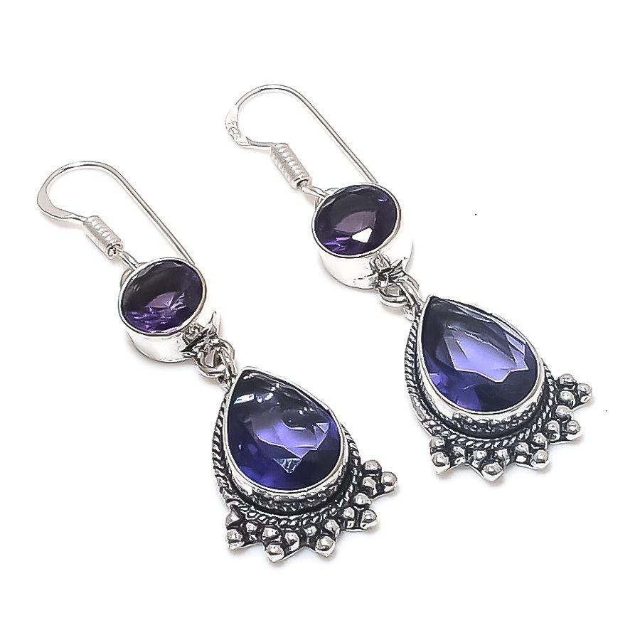 Natural Amethyst Gemstone Handmade 925 Sterling Silver Earring 2.09" T9j77