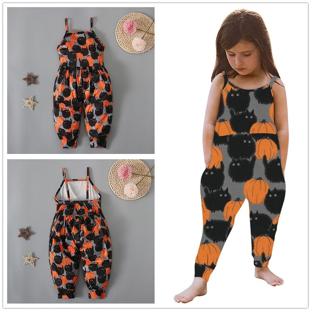 Halloween Pumpkin Skull Bat Cat Baby Kids Spaghetti Straps Romper Jumpsuit Children Clothes for 1-6 Years