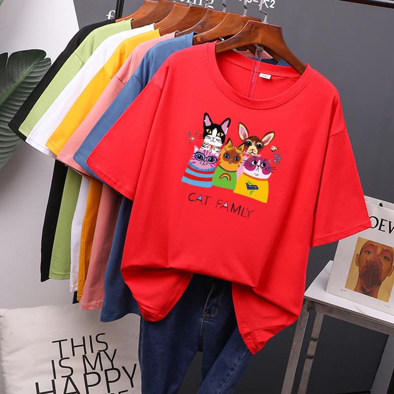 Cat Family Printed Cotton Cartoon T Shirts Women Summer Harajuku Kawaii Loose Tees for Girl Short Sleeve Casual Female Tops