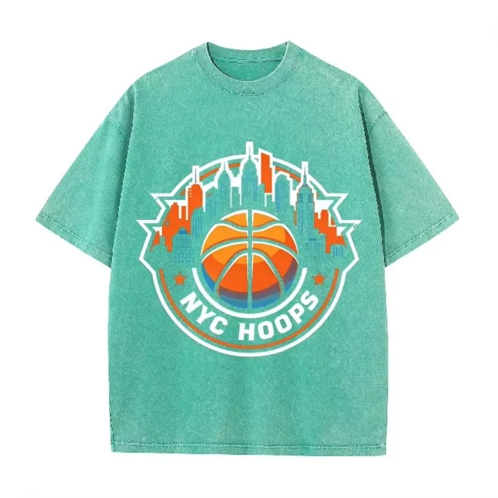 Vintage Washed Green Tshirt NYC Hoops New York Basketball Skyline Print Loose Short Sleeve Sports Casual