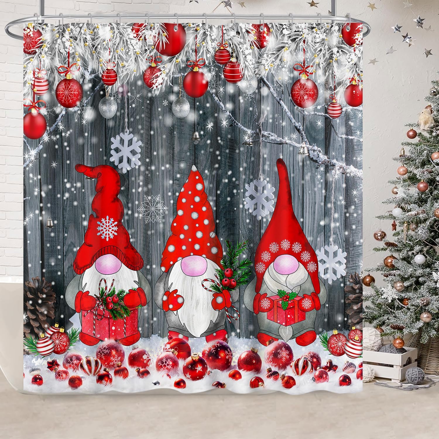 

Christmas Gnomes Shower Curtain With Red Xmas Ball Snowflake Pattern, Rustic Farmhouse Bathroom Decor For Winter Holiday W60H190(CM)-1 Pcs
