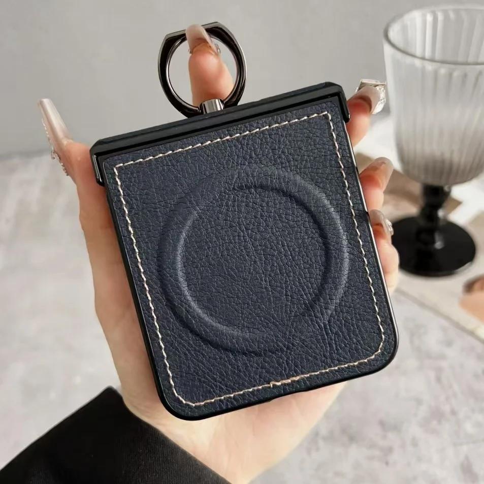 Vintage Leather Lichee Pattern Cases for Samsung Galax Z Flip 7 6 5 4 3 Magnetic Hinge Stand Shockproof Business Mobile Cover
