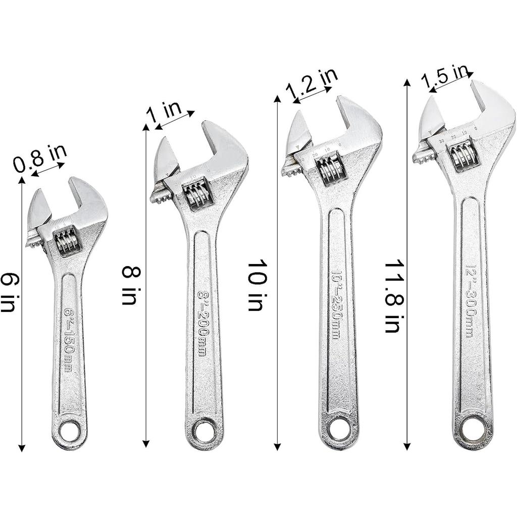 Set of 4 Adjustable Wrench Set, 6/8/10/12-Inch, Forged Cr-V Steel Crescent Wrench with Metric Scales, Heat Treated & Chrome Plated