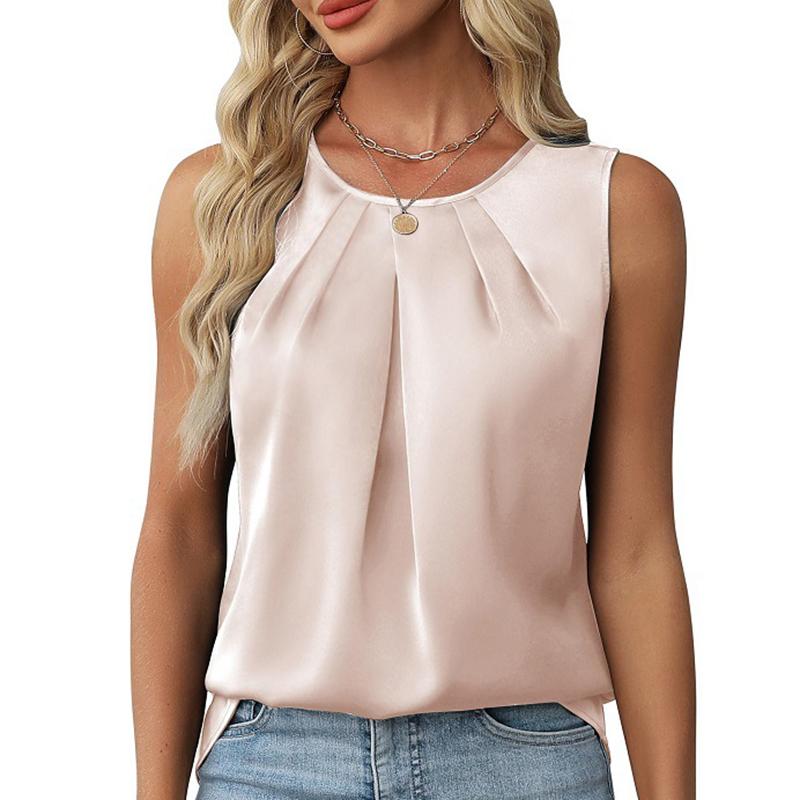 Women Summer Sleeveless O Neck pleated solid color Slim Fit Vest Top