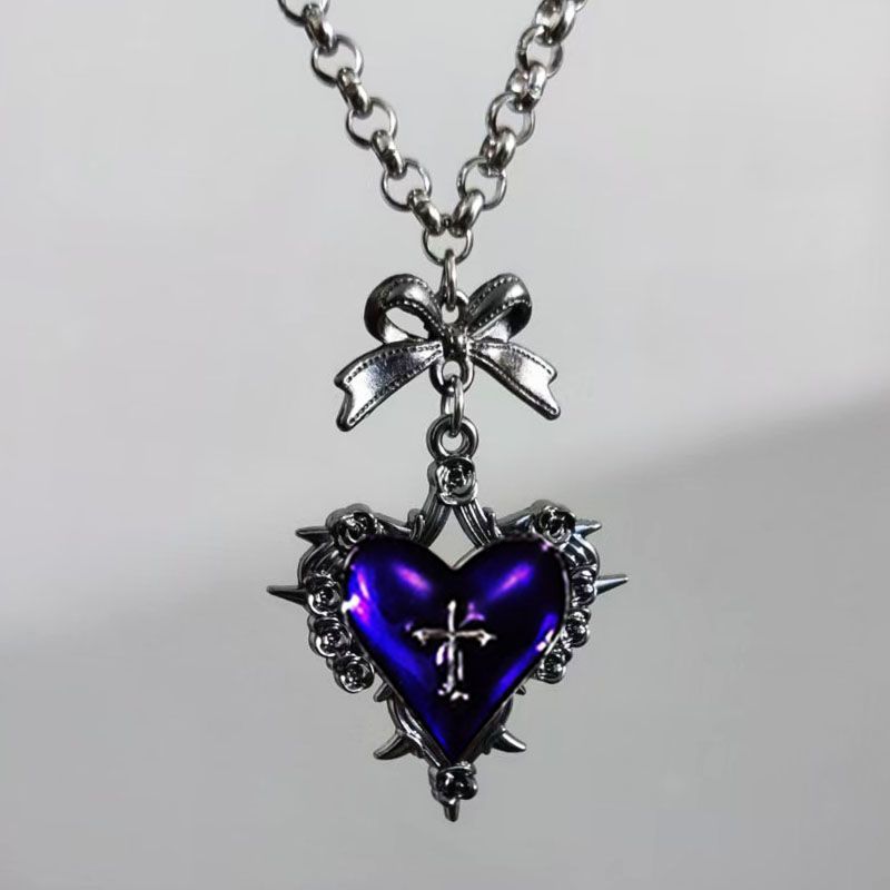 Gothic Punk Red and Black Love Collarbone Bow Cross Necklace Niche Style Retro Girl Necklace