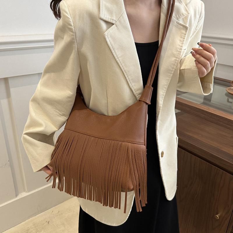 Vintage Tassel Shoulder Bag For Women Daily Used  Soft PU Leather Versatile Crossbody Bags Ladies Casual Handbag