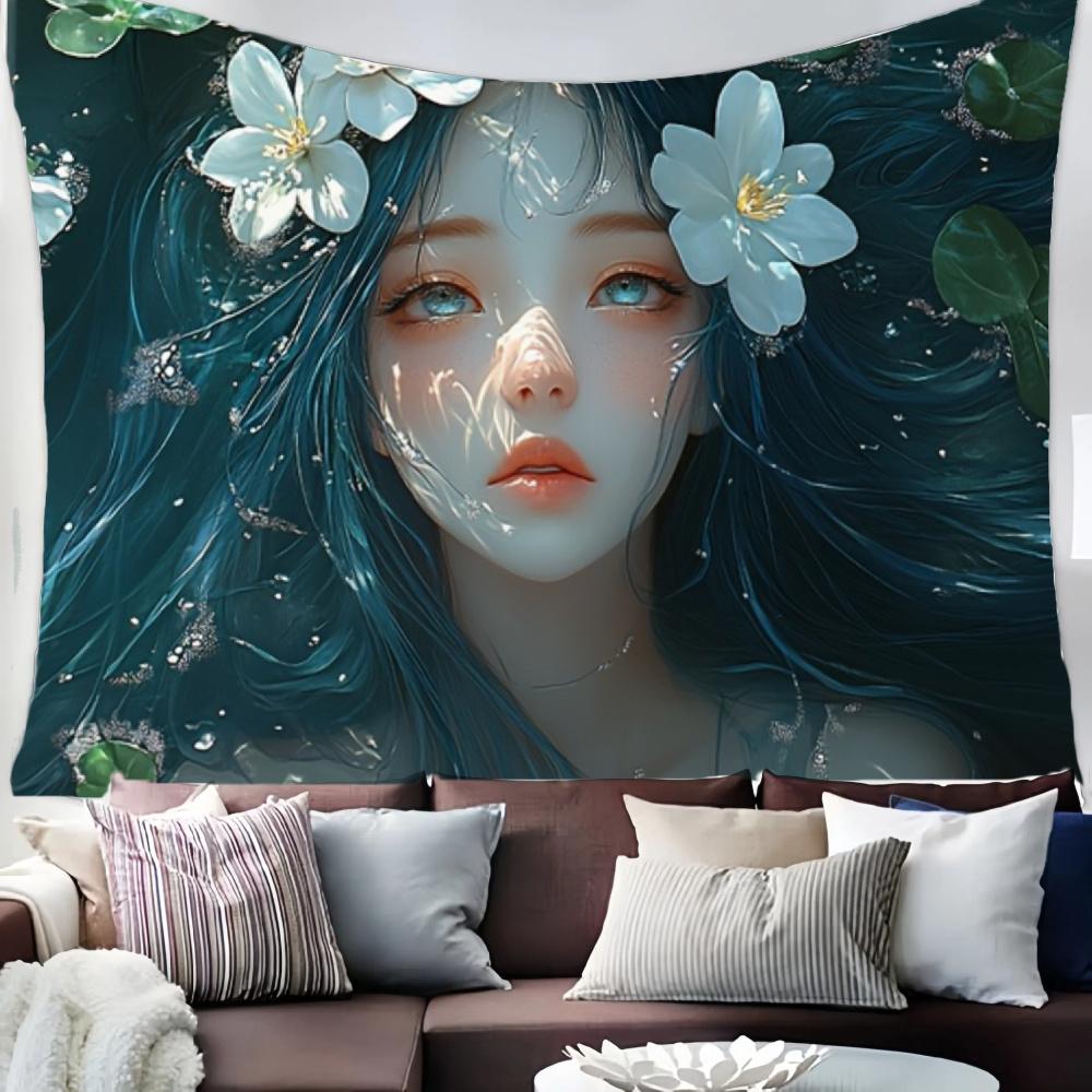 

Ethereal Blue Haired Woman Tapestry Wall Decor for Bedroom Living Room Cozy Atmosphere and Elegant Home Style Enhancement 74x94cm(29x37in)