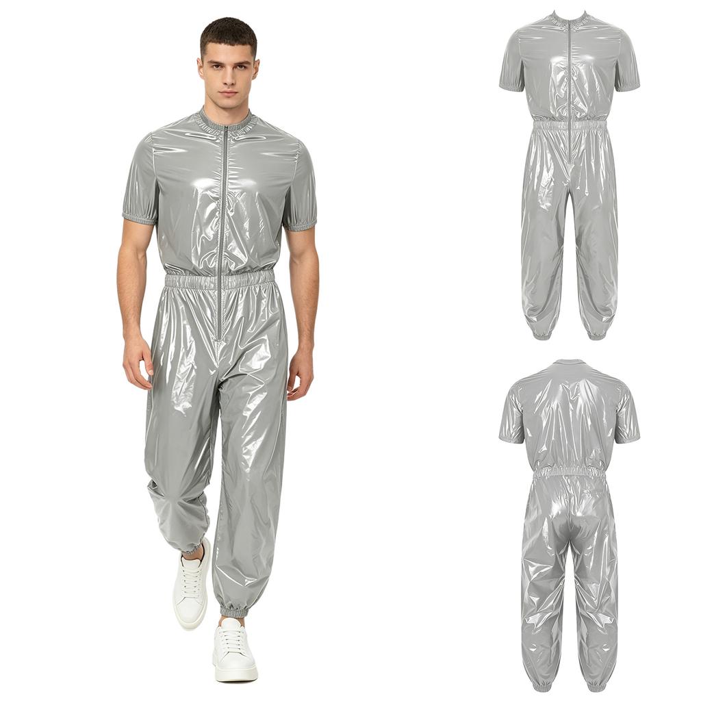 Men Waterproof One Piece Jumpsuit Short Sleeve Front Zipper Elastic Waist Side Pockets Jogging Pants Raincoat Sauna Tracksuit for Outdoor Running