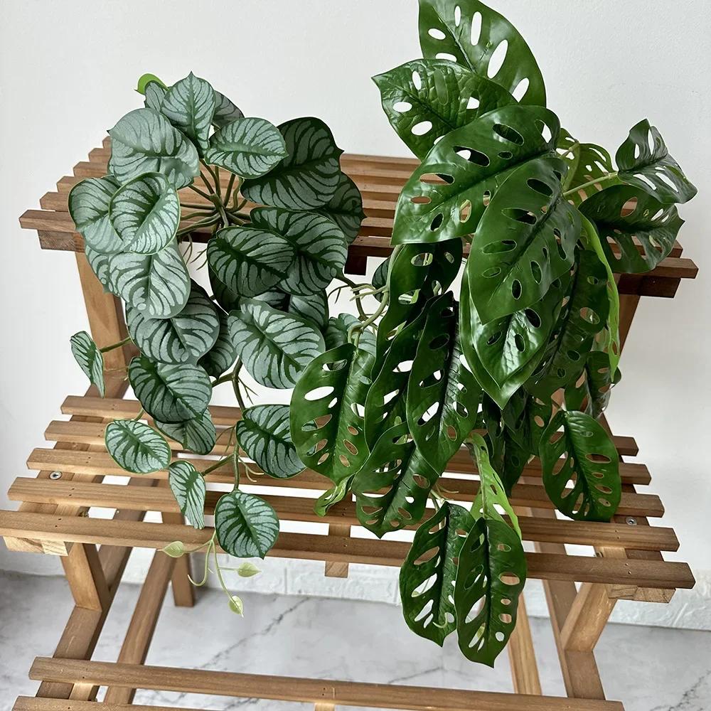 45cm Hanging Vines Artificial Plants Fake Wall Vines Indoor Long Monstera Leafs Hanging Rattan Green Ivy For Room Garden Decor