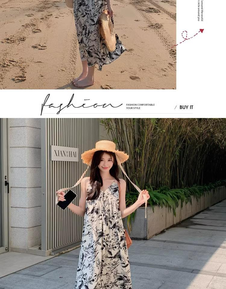 2024 French Ink Floral Suspender Beach Dress: High-End Summer Wear for Women