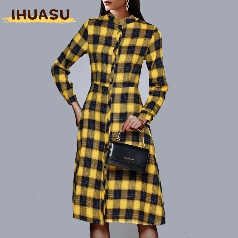 IHUASU Fashion Long Sleeve POLO Neck Casual Dresses