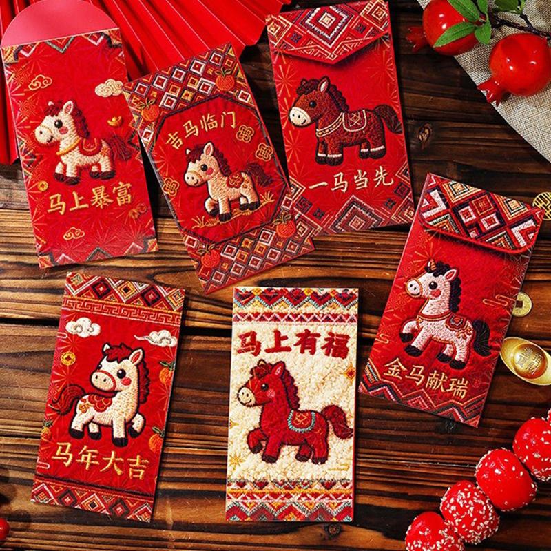 6 Pcs New Year Red Envelope 2026 Chinese Spring Festival Hongbao Traditional Lucky Money Packets Horse Year Money Pouch Decor