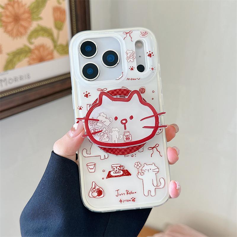 Cat Illustration Magnetic Stand Case for iPhone 17/16 Pro Max/15/14
