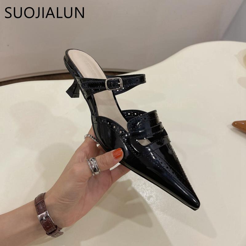 Fashion SUOJIALUN 2024 Spring New Brand Women Slipper fashion Pointed Toe Slip On Mules Shoes Thin High Heel Outdoor Dress Sandal Pumps