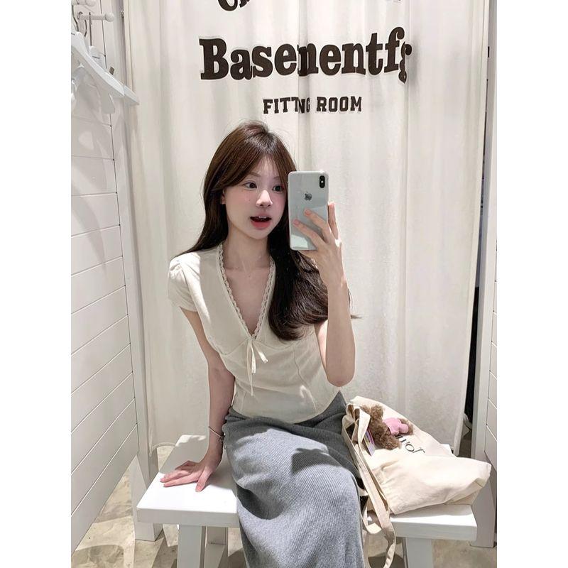 Kumikumi Design Sense Lace Short sleeve Shirts Women clothes Summer French style Bow Lace-up V-neck Top