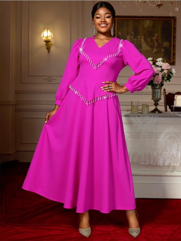 Elegant Women Pleated Maxi Dress V Neck Long Lantern Sleeve Patchwork Beading Fashion Autumn Winter Party Evening Outfit