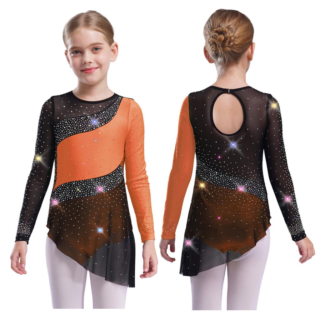 Kids Girls Gymnastics Competition Costume: Sheer Mesh Patchwork Long Sleeve Leotard with Color Block & Sparkling Rhinestones