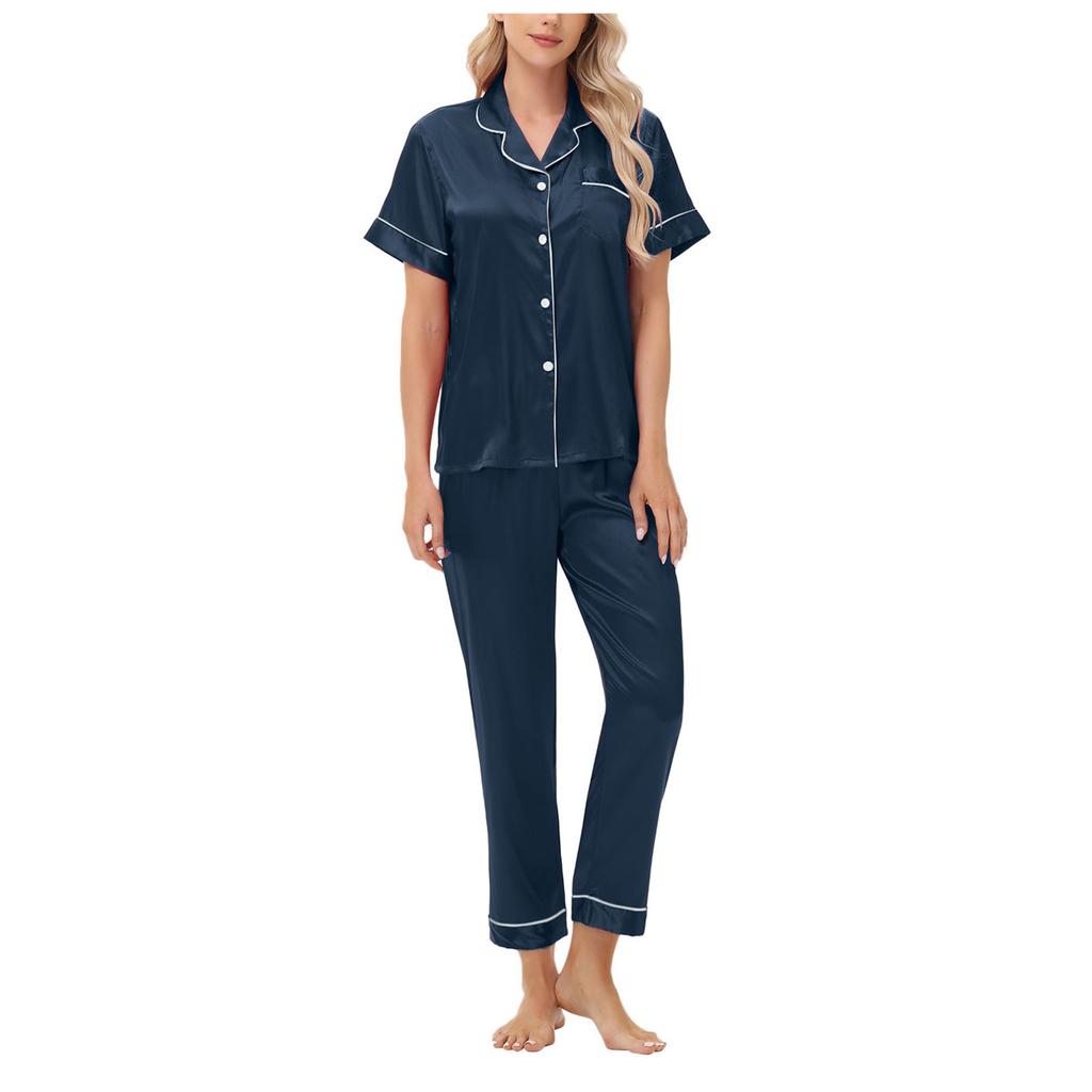 Amazon Independent Station Eisseiden-Pyjama Satin-Set Kurzarm Lange Hose Übergröße Damen Loungewear