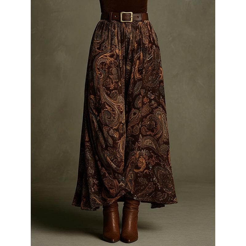 2026 Chic European & American Autumn Slim Top with Elegant Long Skirt and Retro Print, Belt Included