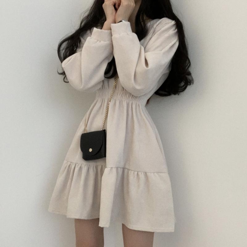 Slimming Pleated High Waist Vintage Short Girl Street Snap Dress Square Collar Korean Style Loose Fit Teenage Summer Dress