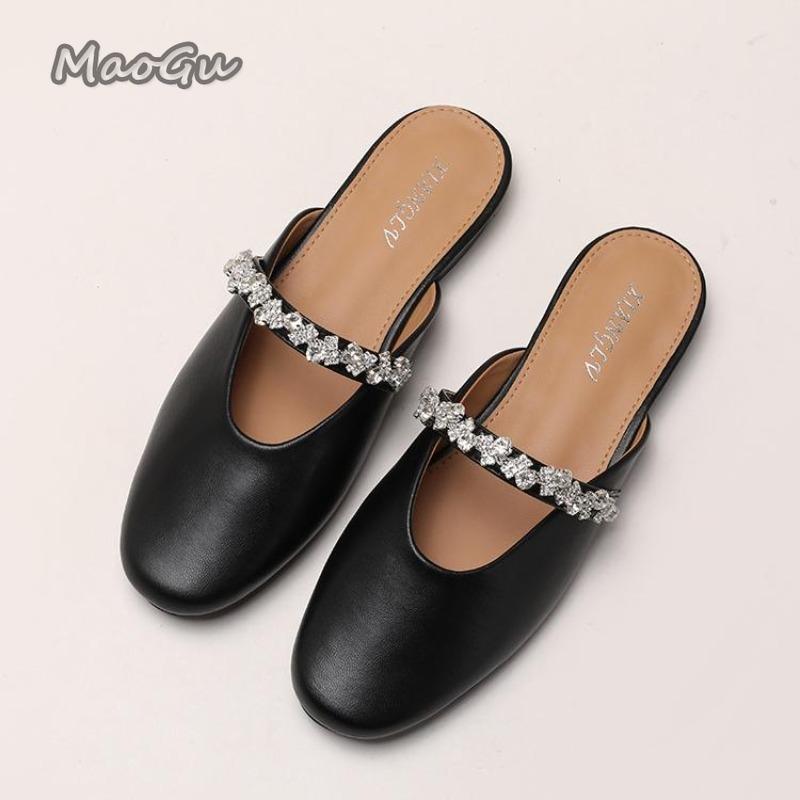 Fashion French Rhinestone Cover Toe Slippers for Women Slip On Women's Footwear Fashion Low Heel Pumps Soft Leather Comfortable Mules