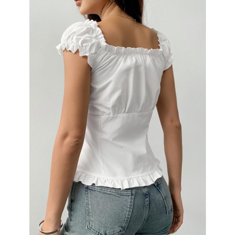 Summer Short Sleeved Rufffled Women Vest Sweet Slim Fit Blouse Solid Color Simple Pleated V Neck Shirts Fashion Elegant Women's Clothing
