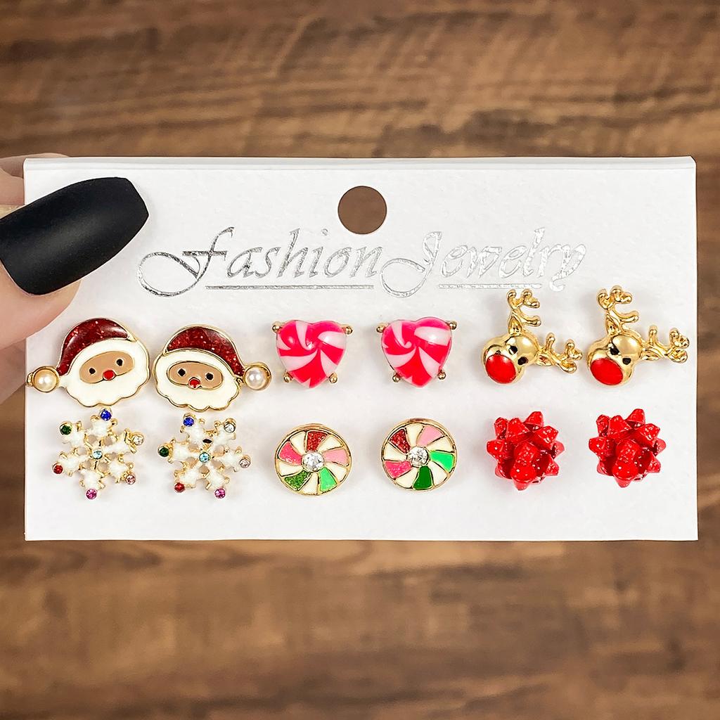 6 Pairs Christmas Earrings Set Selling Cartoon Dripping Oil Elk Santa Claus Christmas Tree Earrings for Women